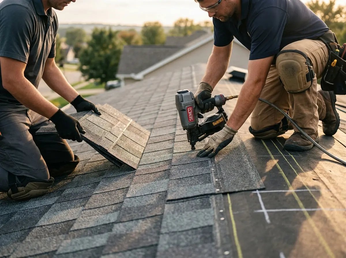 Professional roofer working on a residential roof in Dacula